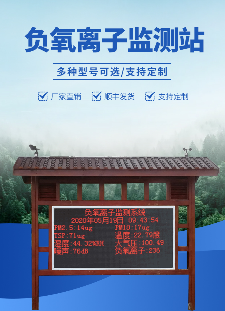 景区大屏负氧离子监测站-实时显示监测数据，将负氧离子可视化